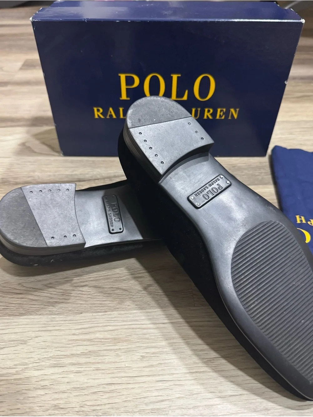Polo by Ralph Lauren Black Velvet Slip-On Loafers with White Skull Embroidery